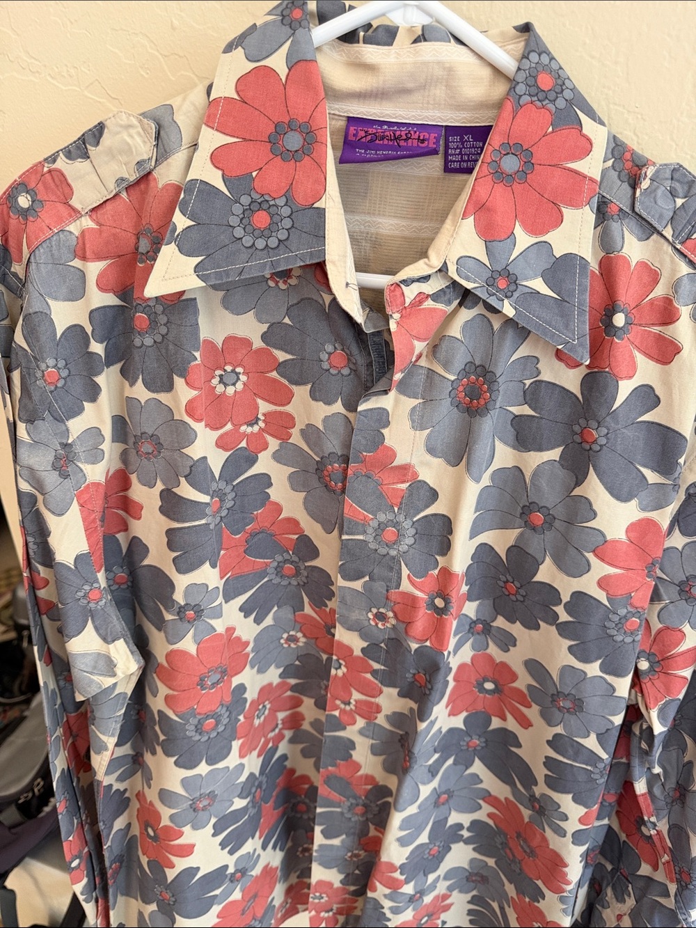 Vintage Floral Button-Down Shirt - Red & Gray Floral